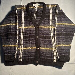Studio Michelle Stuart Hand Knit Wool Cardigan Plaid Black Grey Yellow Mens Med